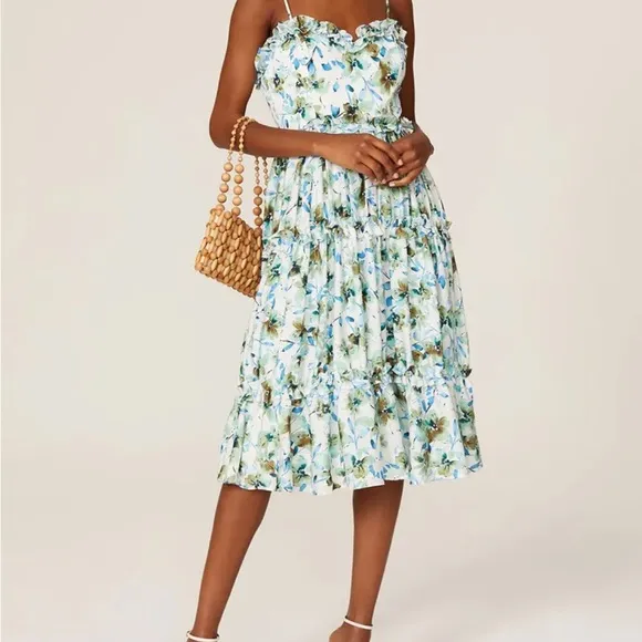 EUC Badgley Mischka Blue white green midi Floral Ruffle Trim Dress Sz 10 spring‎
