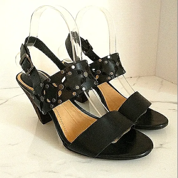 Euc Frye Brand Skye Genuine Leather Laser Cut Sling-Back Heeled Sandals Size 7.5