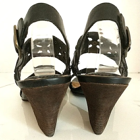 Euc Frye Brand Skye Genuine Leather Laser Cut Sling-Back Heeled Sandals Size 7.5