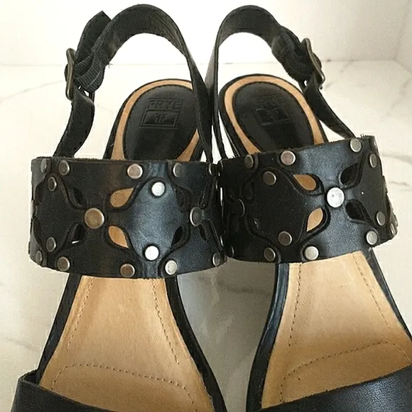 Euc Frye Brand Skye Genuine Leather Laser Cut Sling-Back Heeled Sandals Size 7.5