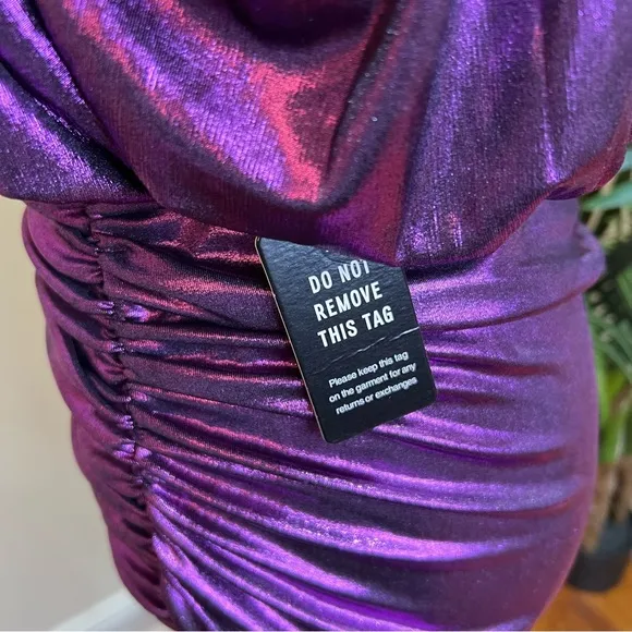 Express Metallic Purple V-Neck Long Sleeve Ruched Mini Sheath Dress Medium