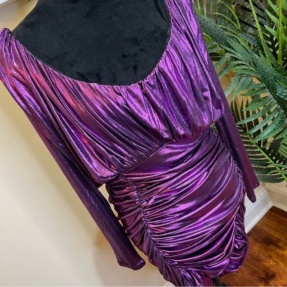 Express Metallic Purple V-Neck Long Sleeve Ruched Mini Sheath Dress Medium