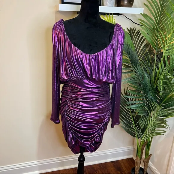 Express Metallic Purple V-Neck Long Sleeve Ruched Mini Sheath Dress Medium
