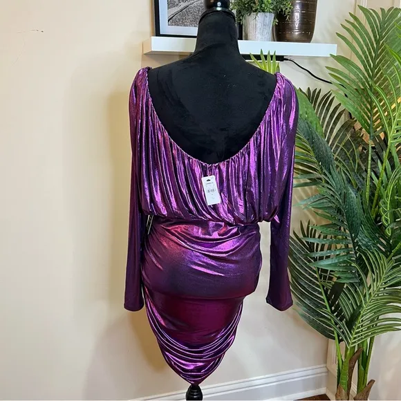 Express Metallic Purple V-Neck Long Sleeve Ruched Mini Sheath Dress Medium