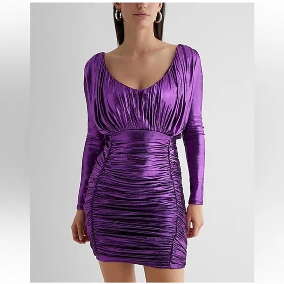 Express Metallic Purple V-Neck Long Sleeve Ruched Mini Sheath Dress Medium