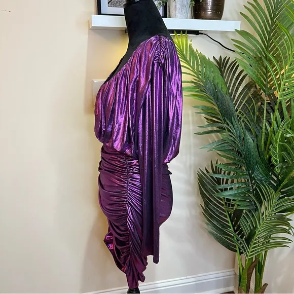 Express Metallic Purple V-Neck Long Sleeve Ruched Mini Sheath Dress Medium