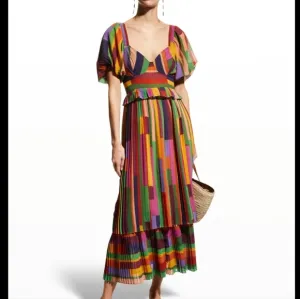 Farm Rio Yellow Printed Stripes Blouson Sleeve Pleated Dress Sweatheart Size M