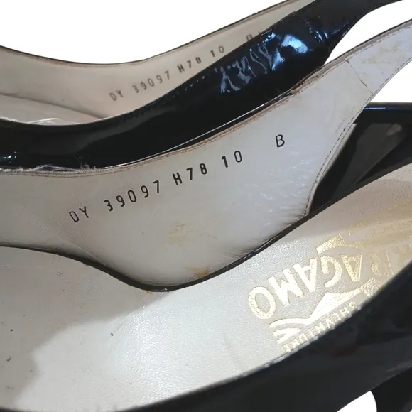 Ferragamo Black Patent Leather Sandals Sling Back Heels sz 10 B