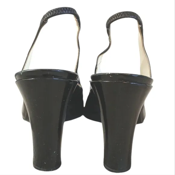 Ferragamo Black Patent Leather Sandals Sling Back Heels sz 10 B