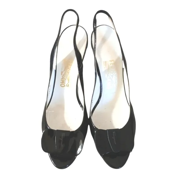 Ferragamo Black Patent Leather Sandals Sling Back Heels sz 10 B