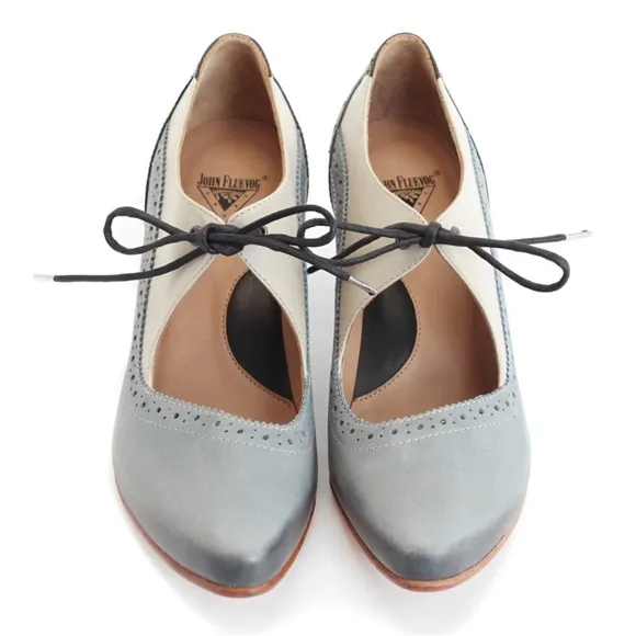 Fluevog ExCELLENT Wonder Lyra brogue lace-up heel cream, gray, black- 10.5/11
