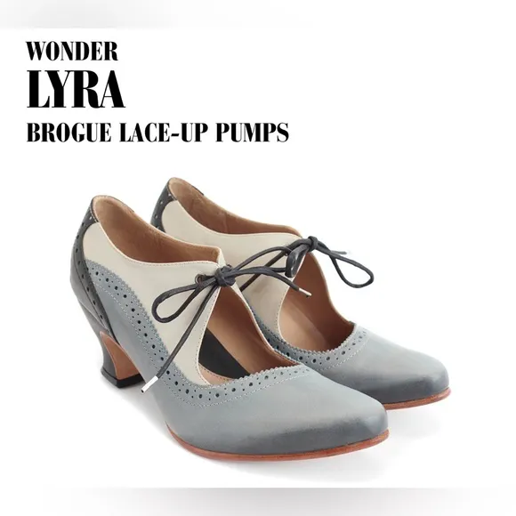 Fluevog ExCELLENT Wonder Lyra brogue lace-up heel cream, gray, black- 10.5/11