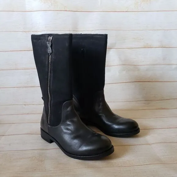 FLY London Leather Suede Calf Boots Round Toe Black Women's Size 37
