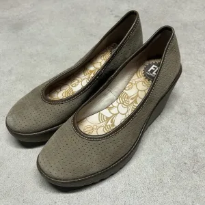 Fly London Yoni Women Shoes Perforated Leather Slip on Wedges Brown/Green Sz 38