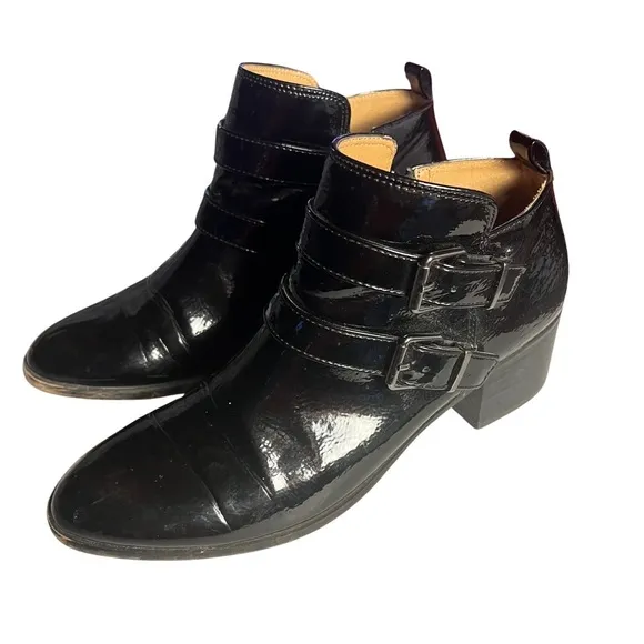 Franco Sarto Raina Black Patent Leather Ankle Boots Size 7 Glossy Versatile