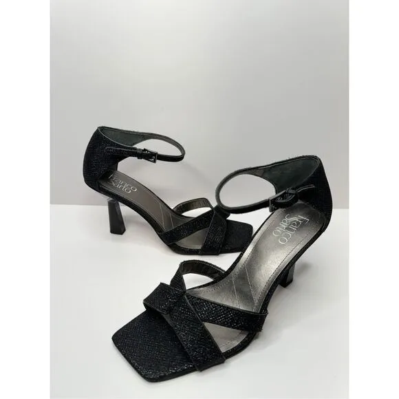 Franco Sarto Sandals Size 6 Black Leather Ankle Strap Sparkly Heels
