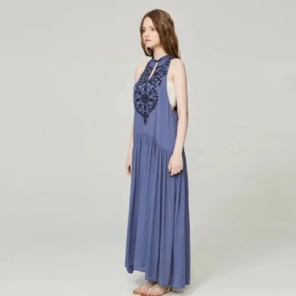 Free People Boho Embroidered V Neck Maxi Dress
