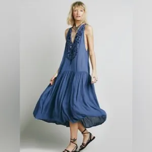 Free People Boho Embroidered V Neck Maxi Dress