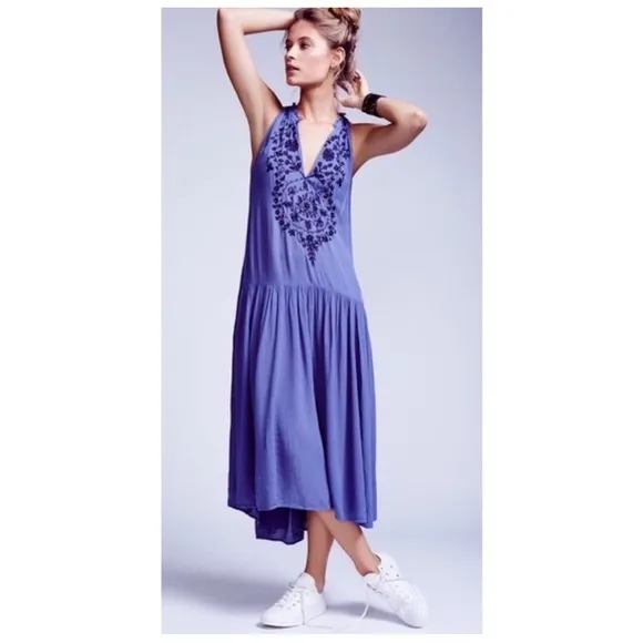 Free People Boho Embroidered V Neck Maxi Dress