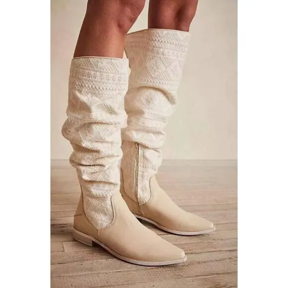 FREE PEOPLE Bren Textile Knee-High Embroidered Slouch Boots Size 36.5 NWB