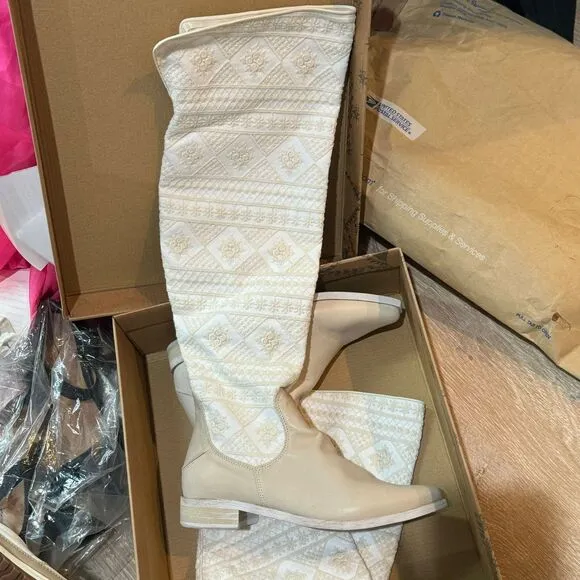 FREE PEOPLE Bren Textile Knee-High Embroidered Slouch Boots Size 36.5 NWB