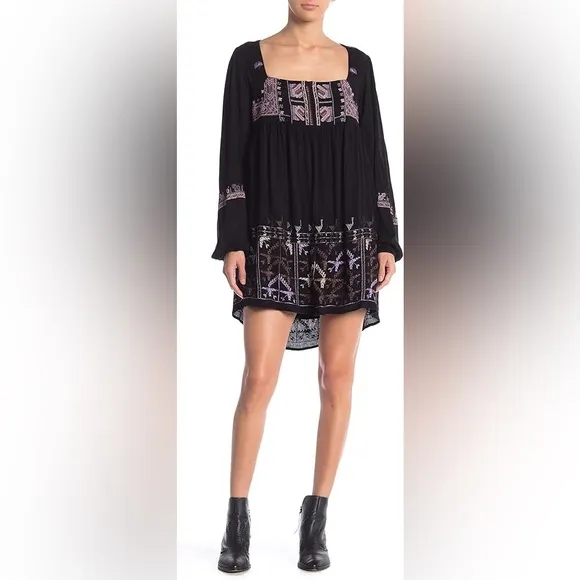 Free People Rhiannon Embroidered Mini tunic long sleeve back cutout shirt dress