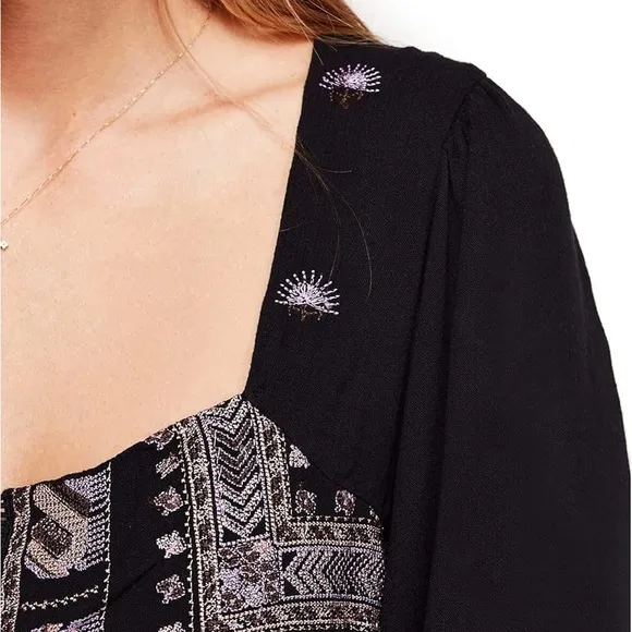 Free People Rhiannon Embroidered Mini tunic long sleeve back cutout shirt dress