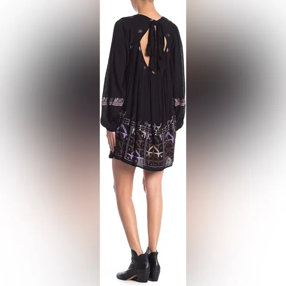 Free People Rhiannon Embroidered Mini tunic long sleeve back cutout shirt dress