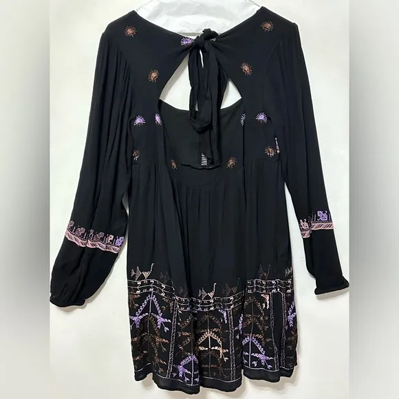Free People Rhiannon Embroidered Mini tunic long sleeve back cutout shirt dress