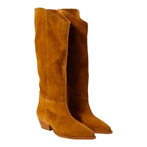 Free People Sway Low Slouch Boots Tan pointed Toe Stacked Heel Size 36.5 6 41 US