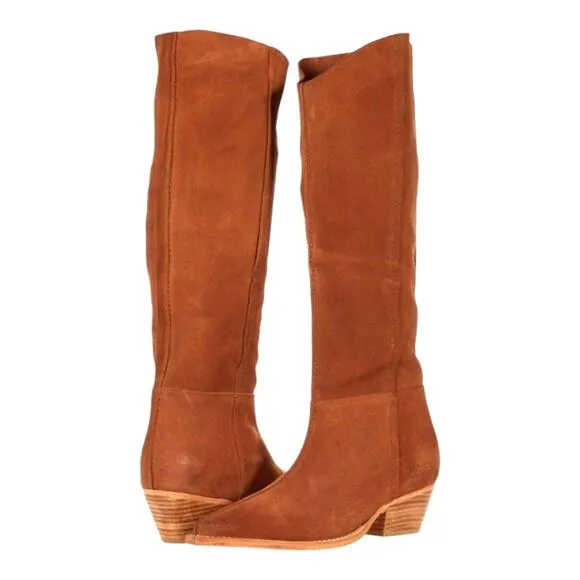 Free People Sway Low Slouch Boots Tan pointed Toe Stacked Heel Size 36.5 6 41 US