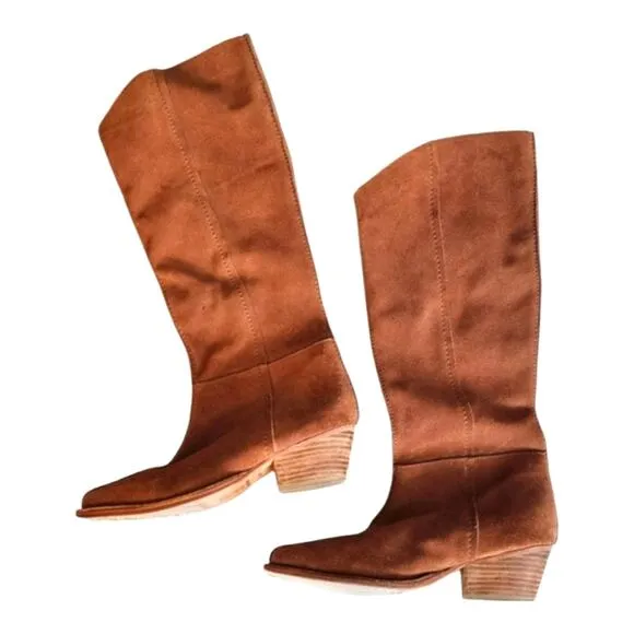 Free People Sway Low Slouch Boots Tan pointed Toe Stacked Heel Size 36.5 6 41 US