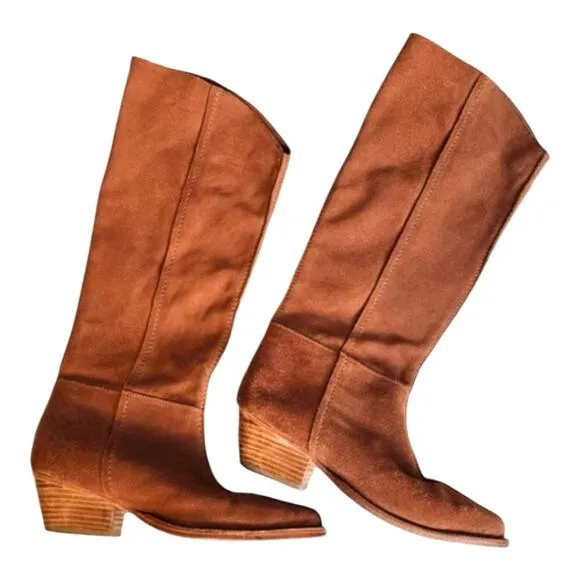 Free People Sway Low Slouch Boots Tan pointed Toe Stacked Heel Size 36.5 6 41 US