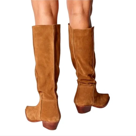 Free People Sway Low Slouch Boots Tan pointed Toe Stacked Heel Size 36.5 6 41 US