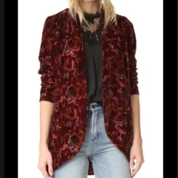Free People Velvet Burgandy Pattern Draped Blazer.  SZ S