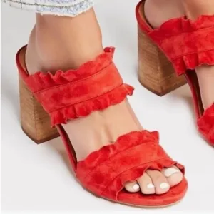 Free People | Women's Red Suede Leather Rosie Ruffle Stacked Heels Sandals sz 10