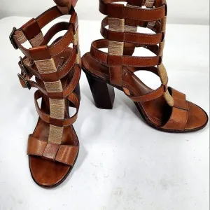 FRYE Suzie Gladiator Leather Sandals Heels Cognac 7.5 Syle 73697