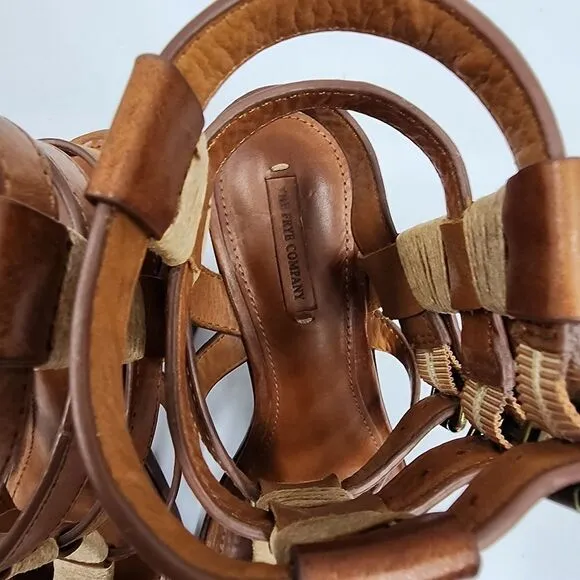 FRYE Suzie Gladiator Leather Sandals Heels Cognac 7.5 Syle 73697