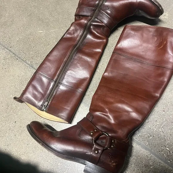 FRYE Tall Harness Boots Zipper Brown Leather Size 6 1/2R Made in Mexico