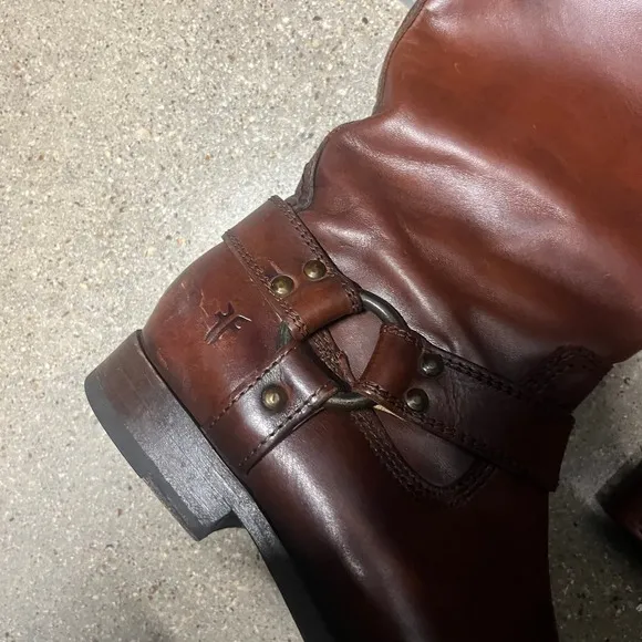 FRYE Tall Harness Boots Zipper Brown Leather Size 6 1/2R Made in Mexico