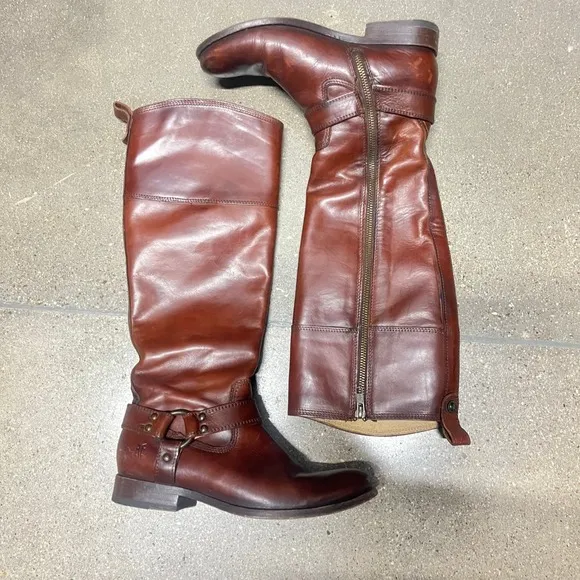 FRYE Tall Harness Boots Zipper Brown Leather Size 6 1/2R Made in Mexico