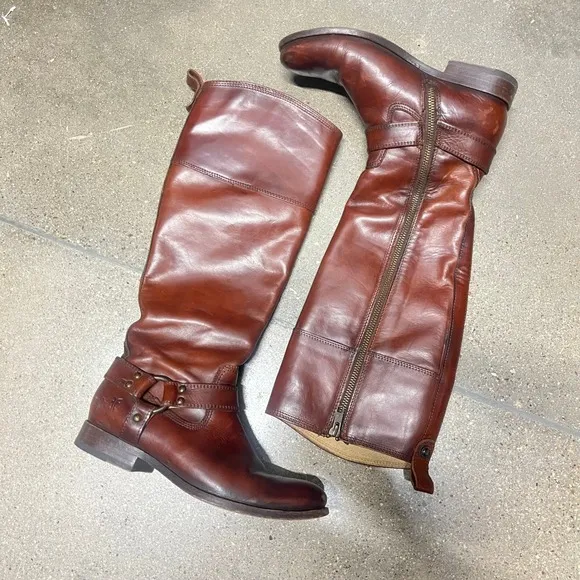 FRYE Tall Harness Boots Zipper Brown Leather Size 6 1/2R Made in Mexico