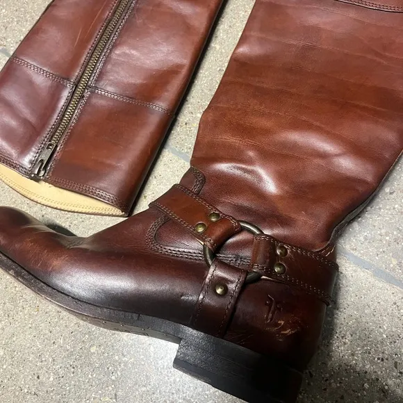 FRYE Tall Harness Boots Zipper Brown Leather Size 6 1/2R Made in Mexico