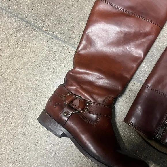 FRYE Tall Harness Boots Zipper Brown Leather Size 6 1/2R Made in Mexico