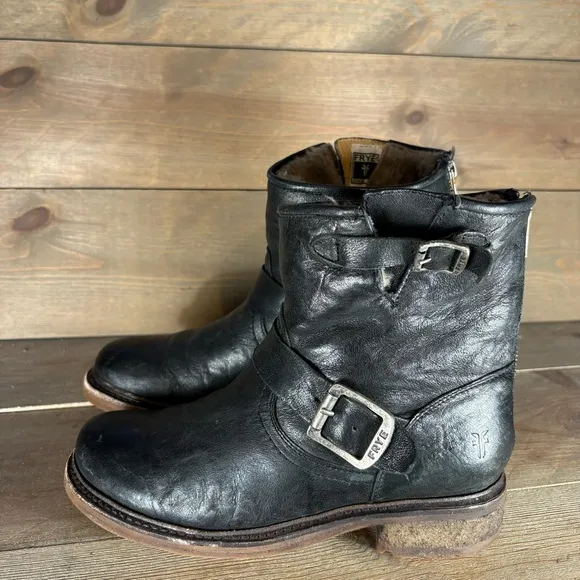 frye valerie womens size 6.5 shoes black leather shearling lined winter boots
