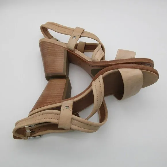 FRYE women's Dani cream leather cross strap stacked heel sandals 10
