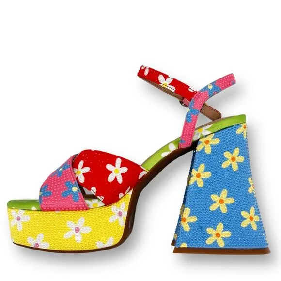 GB Ulti-Mate Floral Rainbow Rhinestone Platform Sandals Size 6 Y2K Throwback