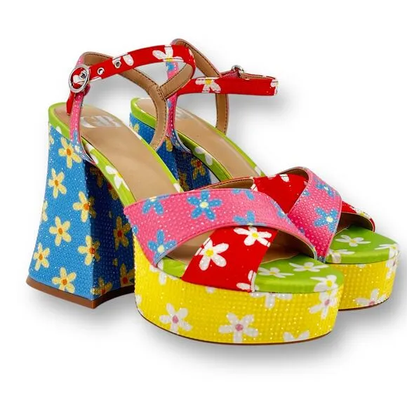 GB Ulti-Mate Floral Rainbow Rhinestone Platform Sandals Size 6 Y2K Throwback