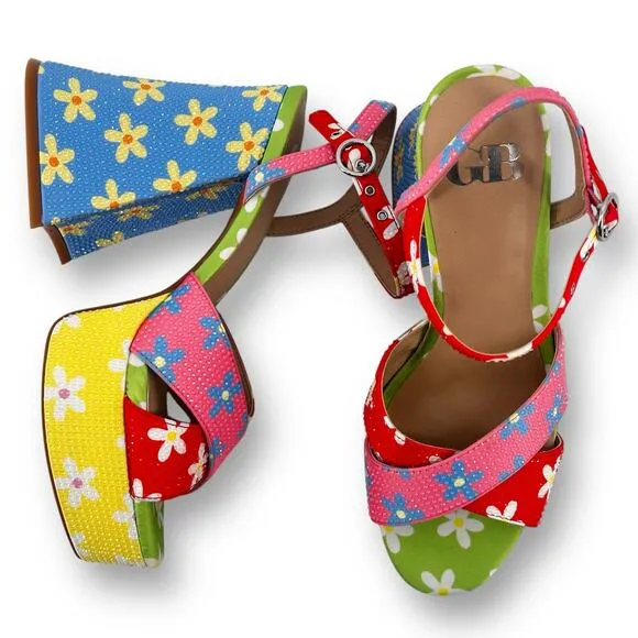 GB Ulti-Mate Floral Rainbow Rhinestone Platform Sandals Size 6 Y2K Throwback