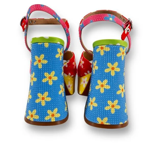 GB Ulti-Mate Floral Rainbow Rhinestone Platform Sandals Size 6 Y2K Throwback